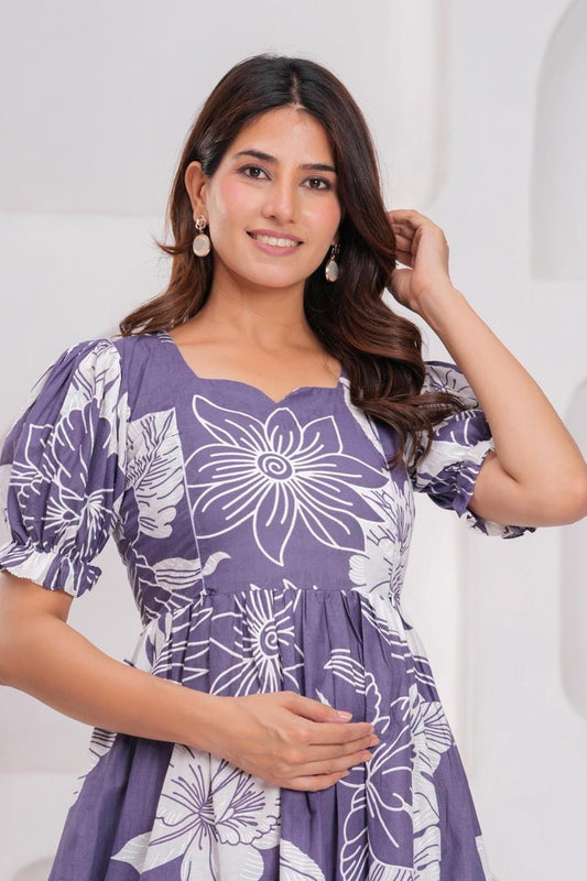 Purple Floral Printed Maternity Midi Dress