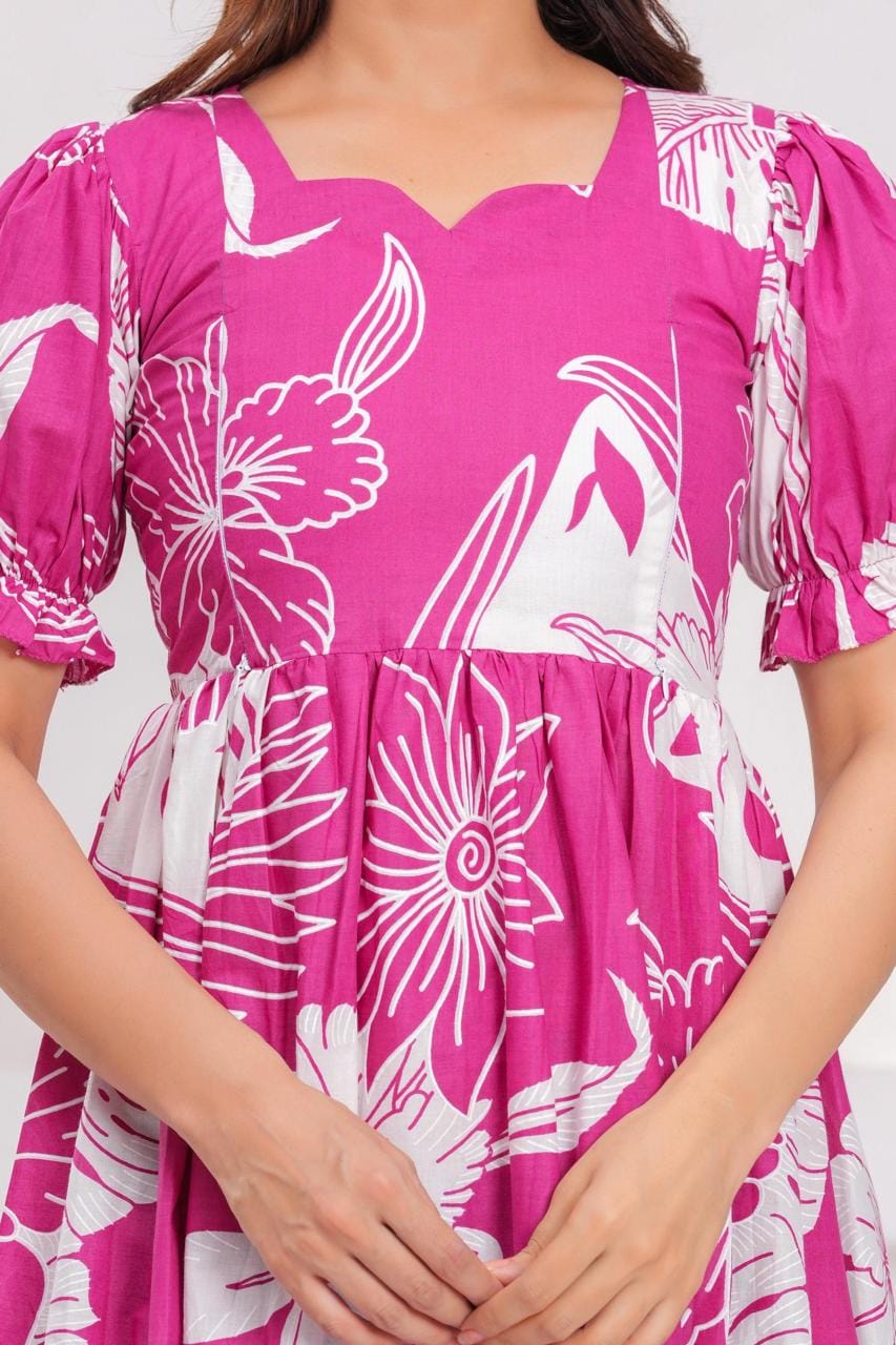 Bright Pink Floral Printed Maternity Midi Dress