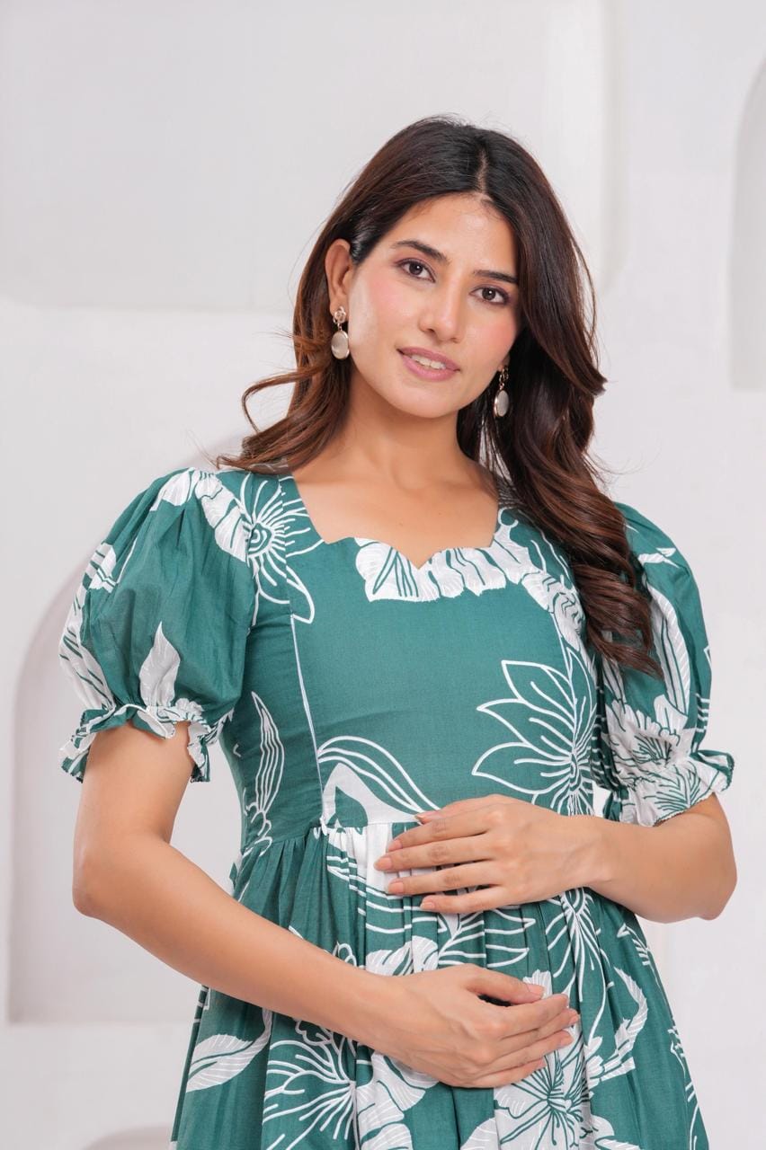 Teal Green Tropical Floral Maternity Midi Dress
