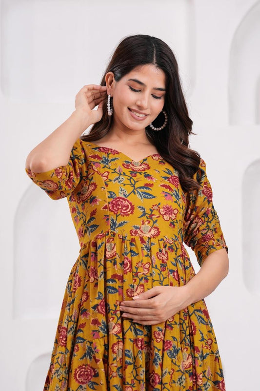 Mustard Yellow Floral Printed Maternity Midi Dress
