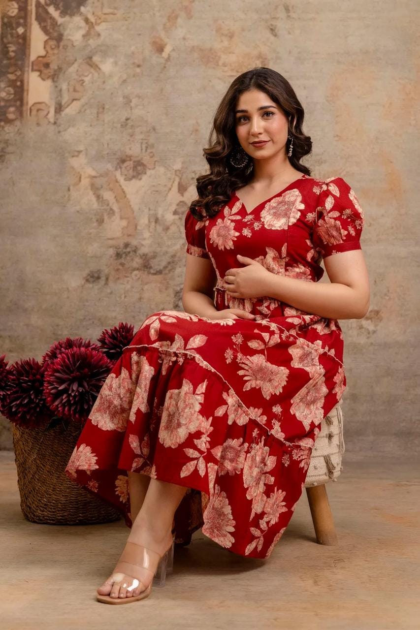 Red Floral Printed Maternity Nursing Dress