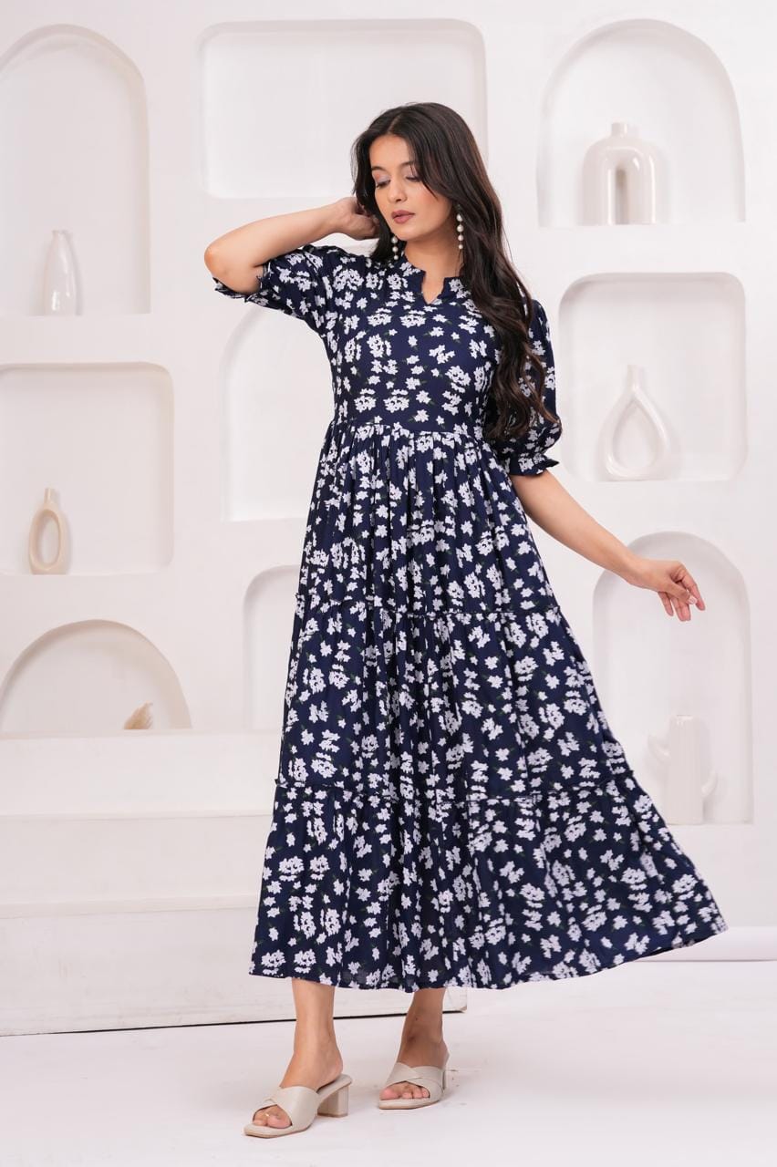 Navy Blue Floral Printed Maternity Maxi Dress