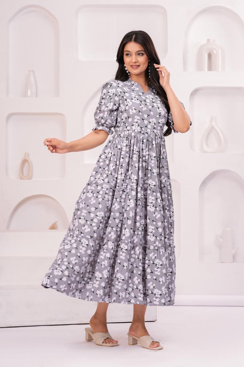 Grey Floral Printed Puff Sleeve Midi Dress