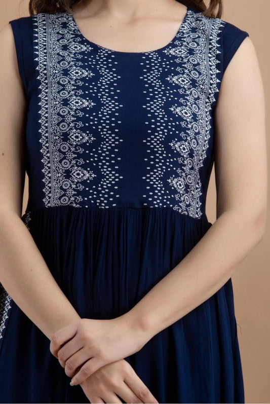 Navy Blue Printed Ethnic Maxi Dress for Women
