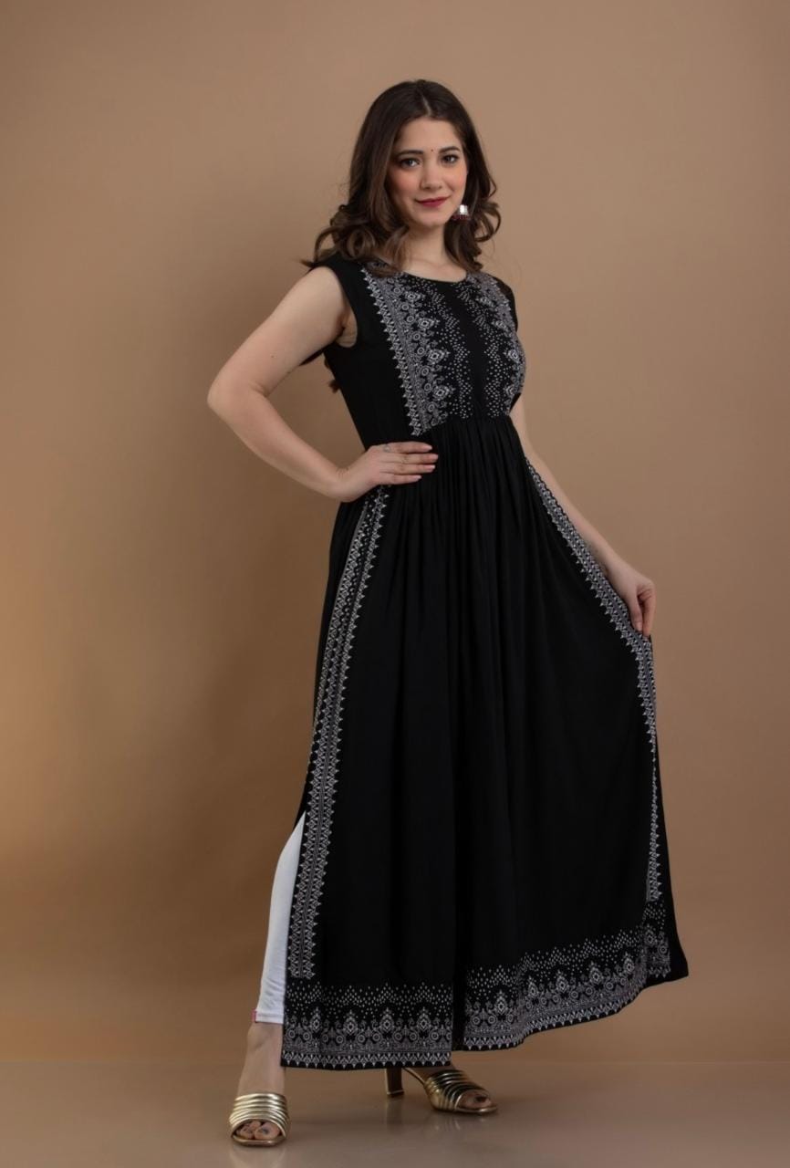 Navy Blue Printed Ethnic Maxi Dress for Women