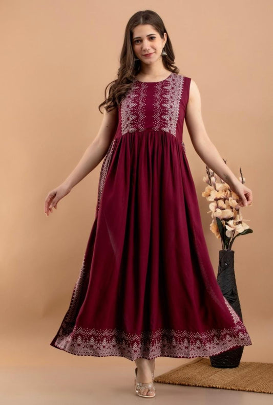 Maroon Printed Ethnic Maxi Dress for Women