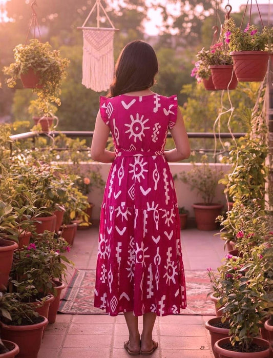 Magenta Printed Midi Dress