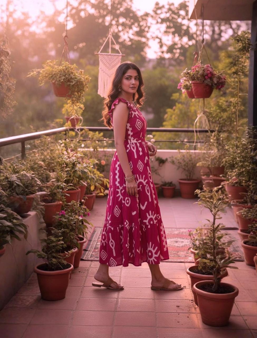 Magenta Printed Midi Dress