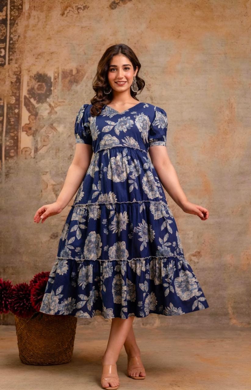 Navy Blue Floral Printed Tiered Midi Dress