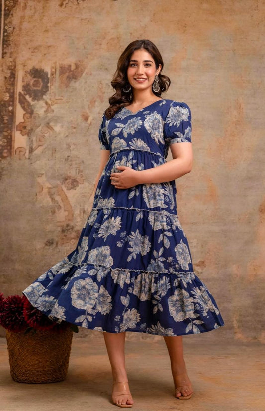 Navy Blue Floral Printed Tiered Midi Dress