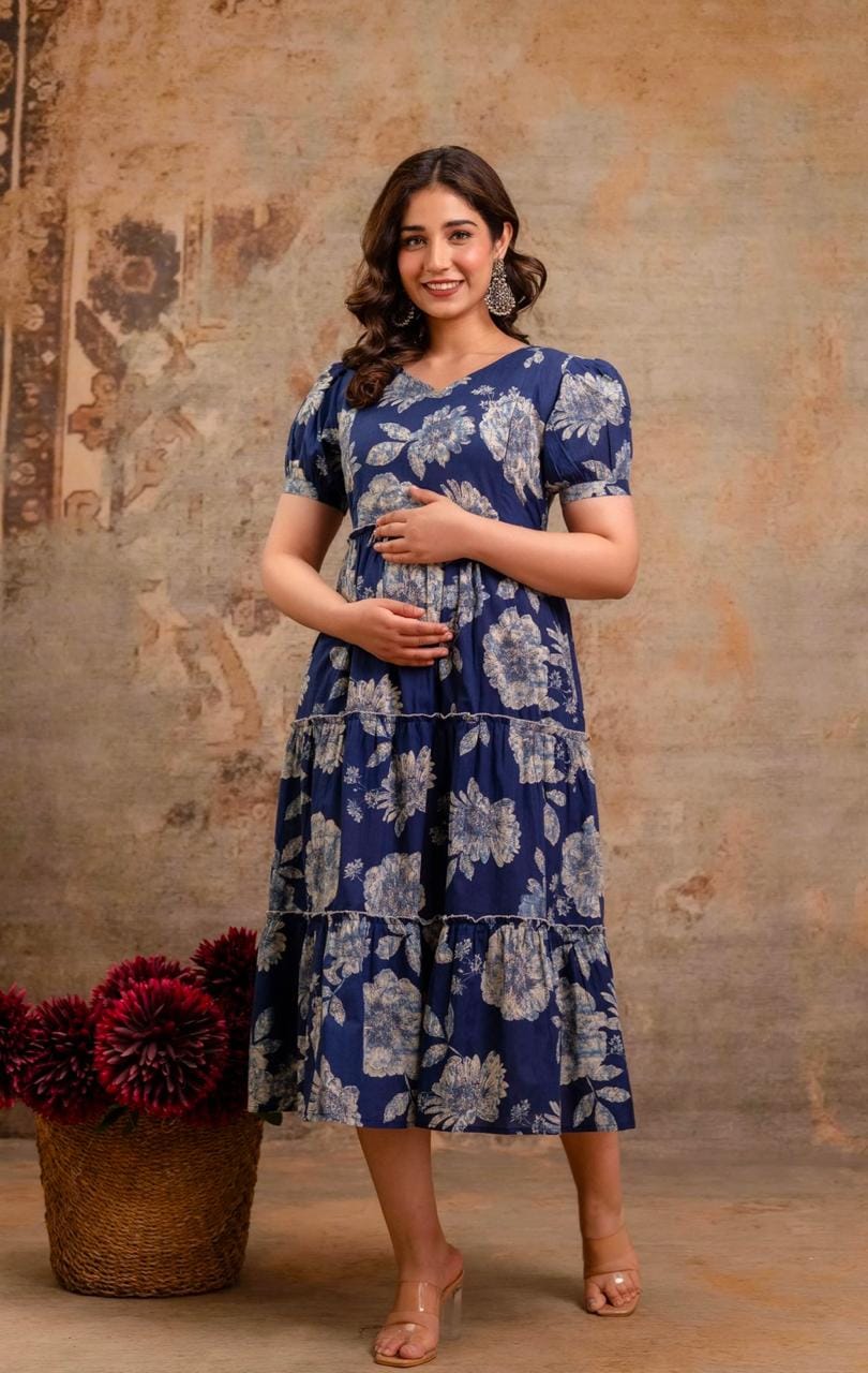 Navy Blue Floral Printed Tiered Midi Dress