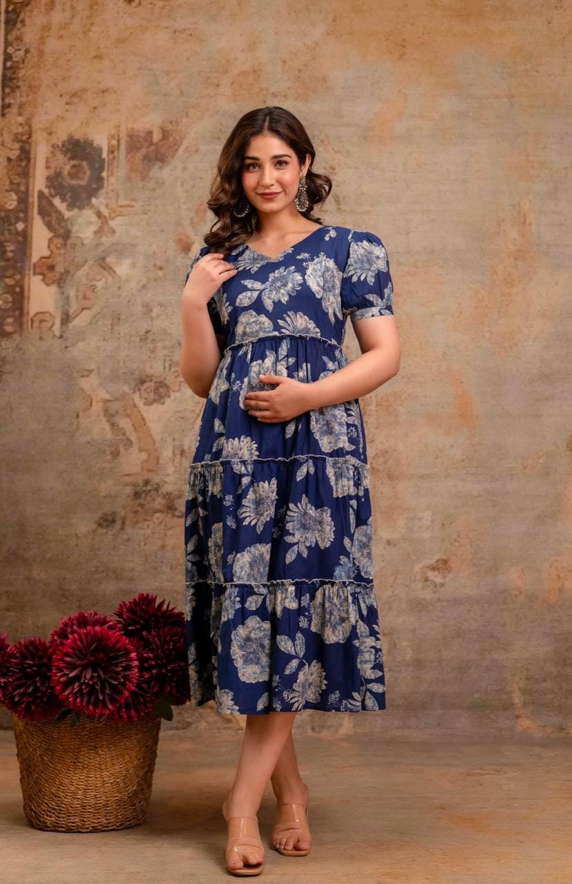 Navy Blue Floral Printed Tiered Midi Dress