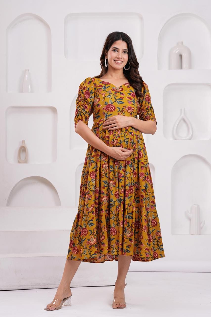 Mustard Yellow Floral Printed Maternity Midi Dress