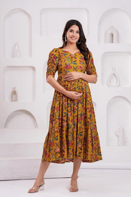 Mustard Yellow Floral Printed Maternity Midi Dress