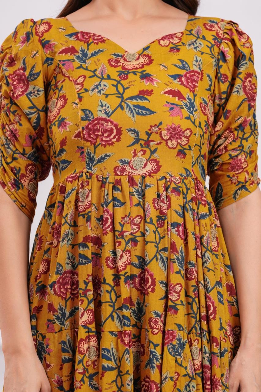 Mustard Yellow Floral Printed Maternity Midi Dress
