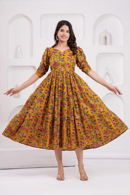 Mustard Yellow Floral Printed Maternity Midi Dress