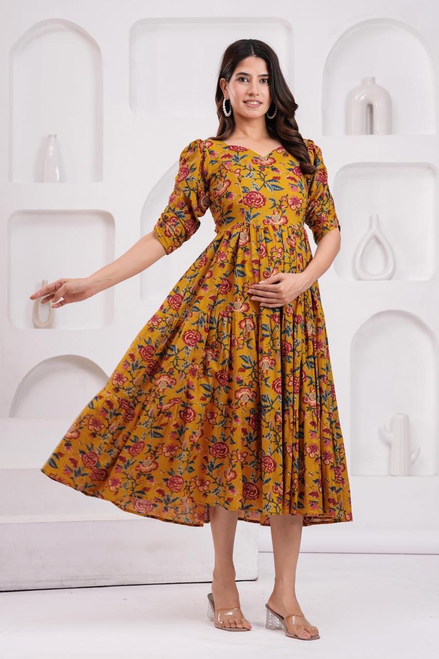 Mustard Yellow Floral Printed Maternity Midi Dress