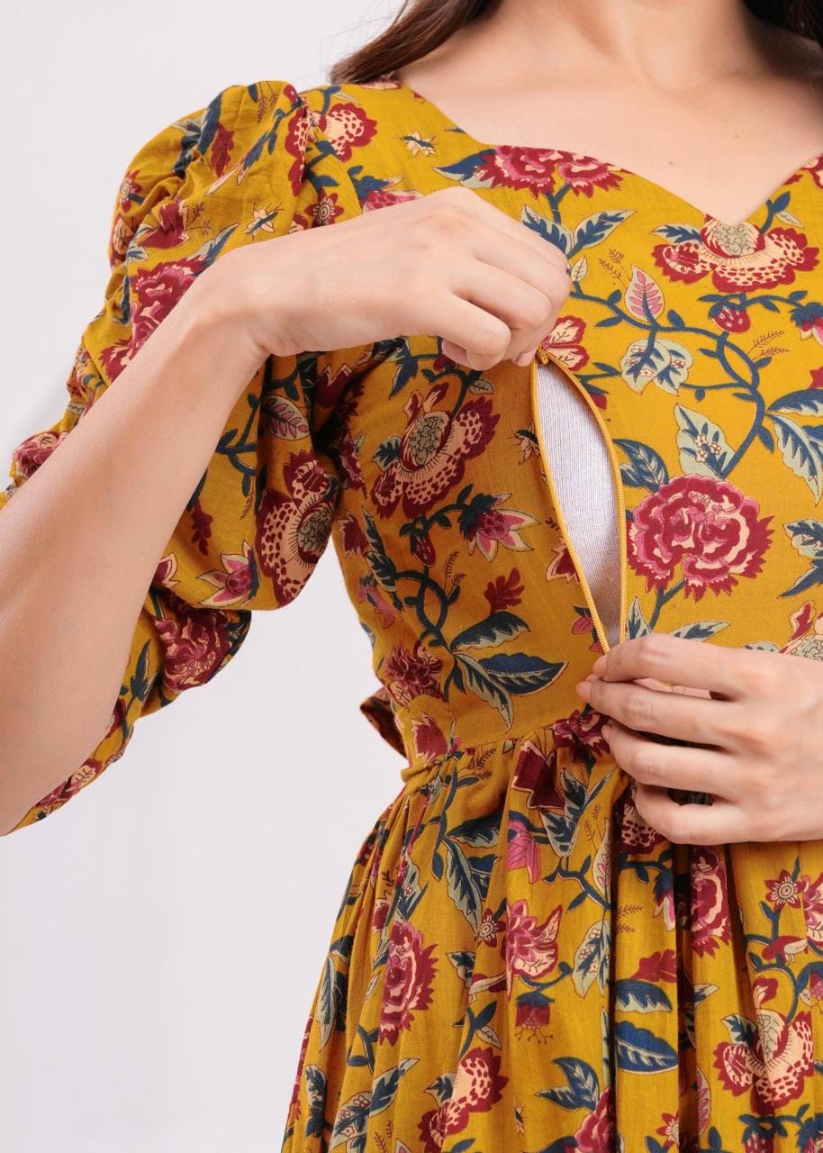 Mustard Yellow Floral Printed Maternity Midi Dress