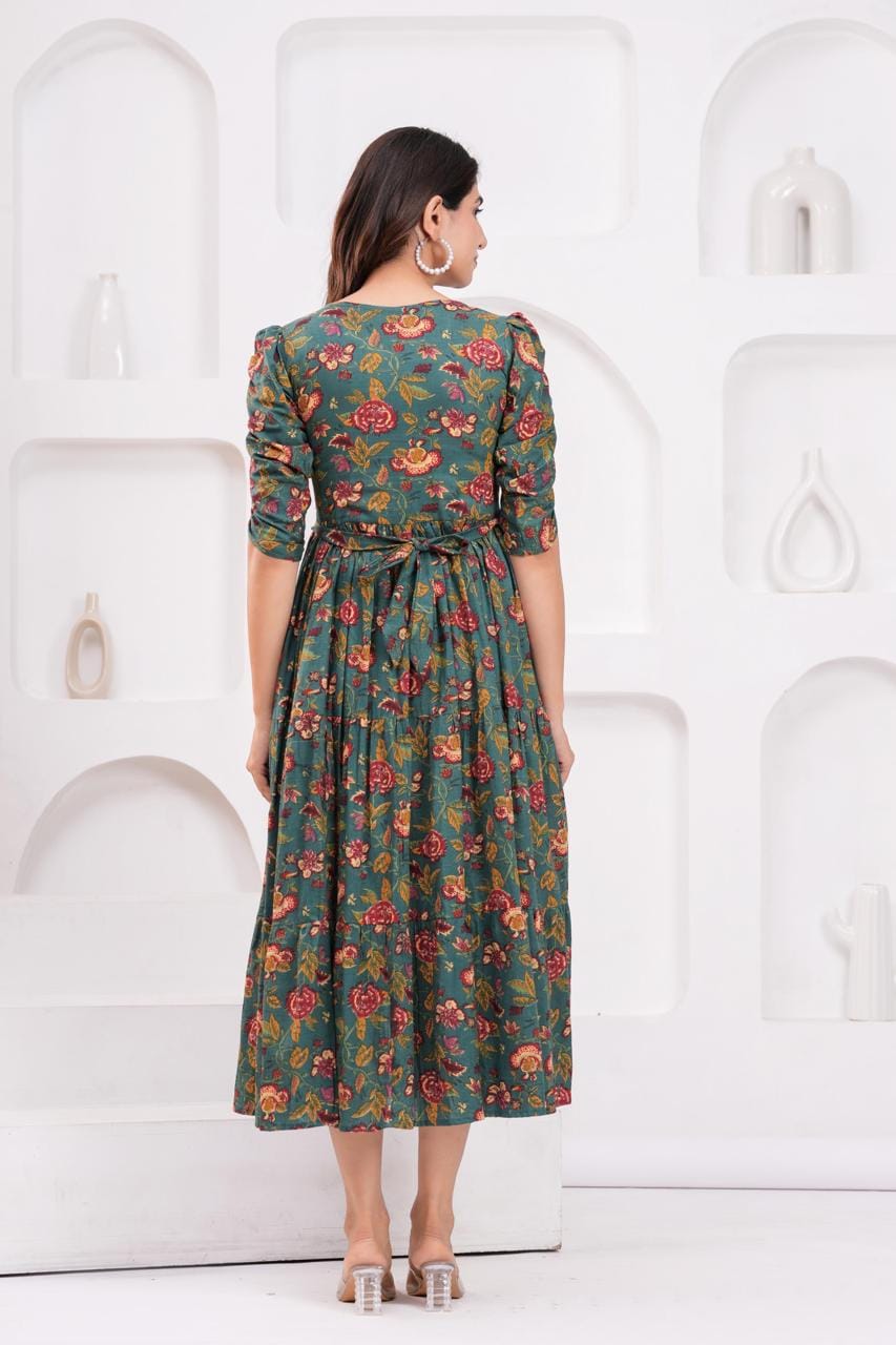 Dark Green Floral Printed Maternity Midi Dress