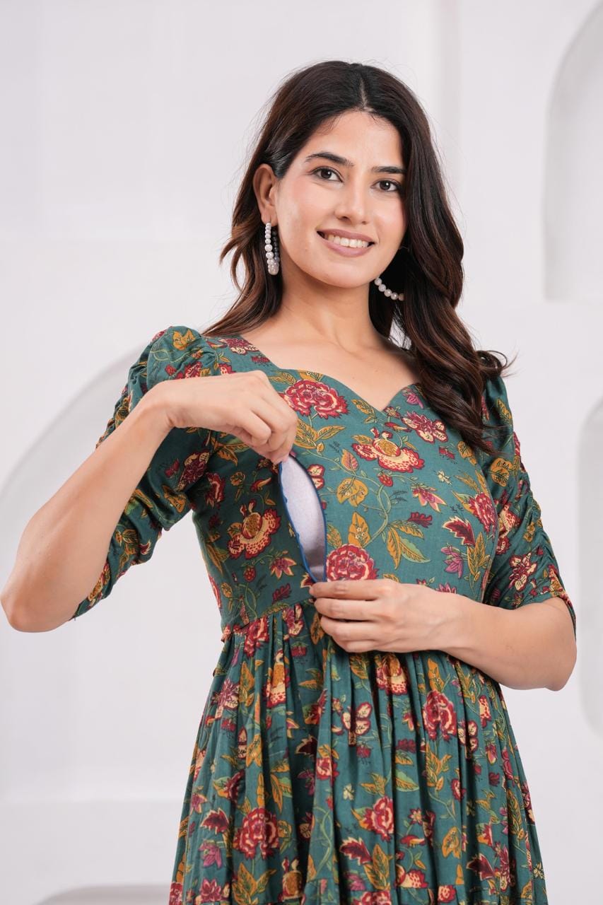 Dark Green Floral Printed Maternity Midi Dress
