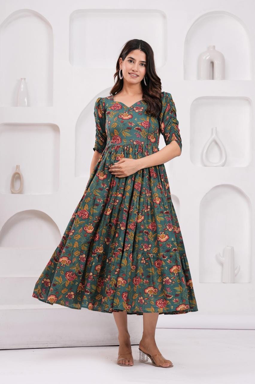 Dark Green Floral Printed Maternity Midi Dress