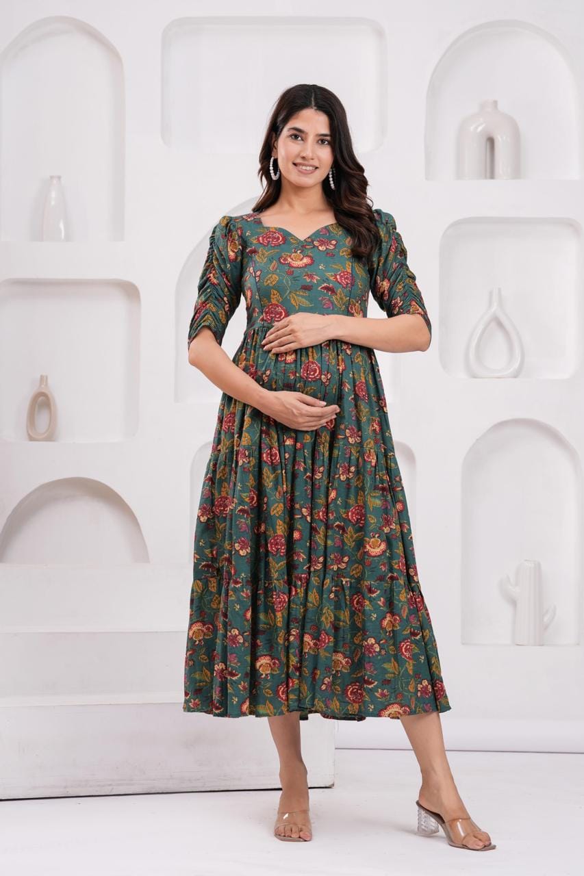 Dark Green Floral Printed Maternity Midi Dress