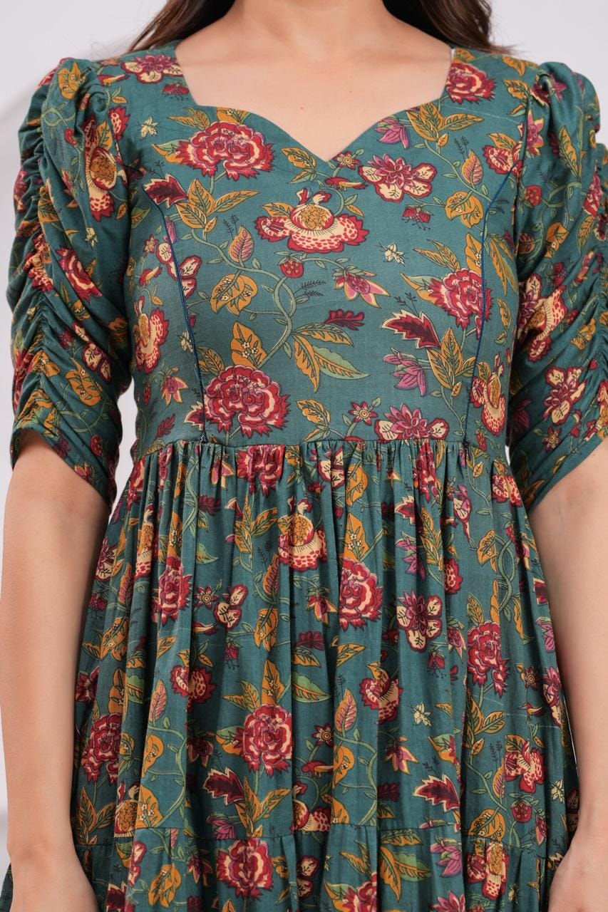 Dark Green Floral Printed Maternity Midi Dress