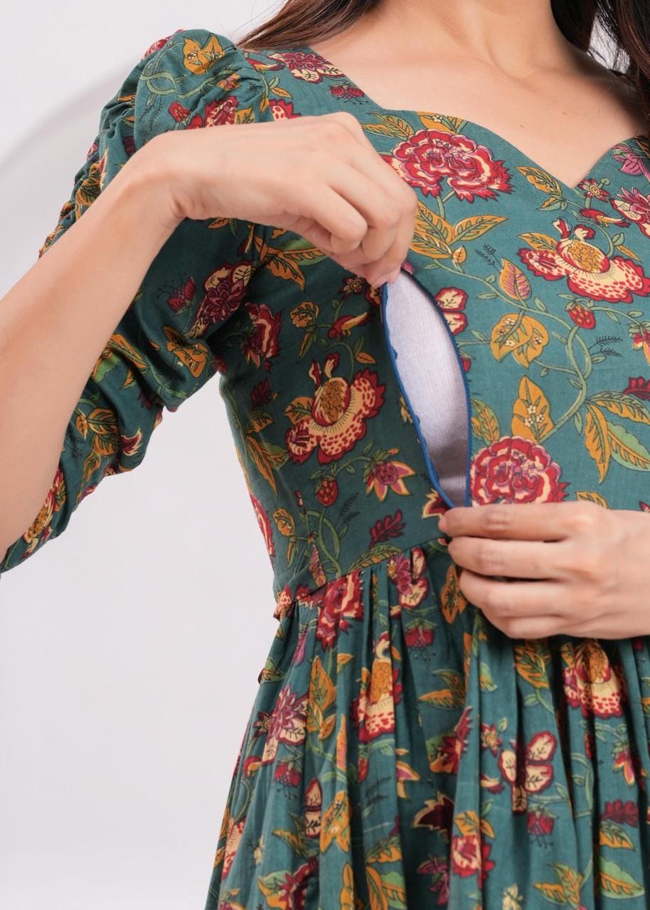 Dark Green Floral Printed Maternity Midi Dress