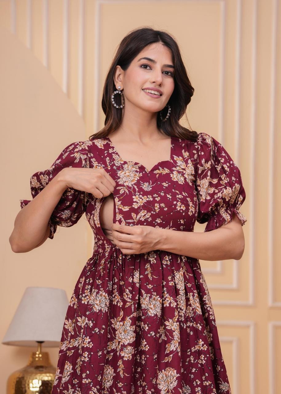 Burgundy Floral Printed Maternity Midi Dress