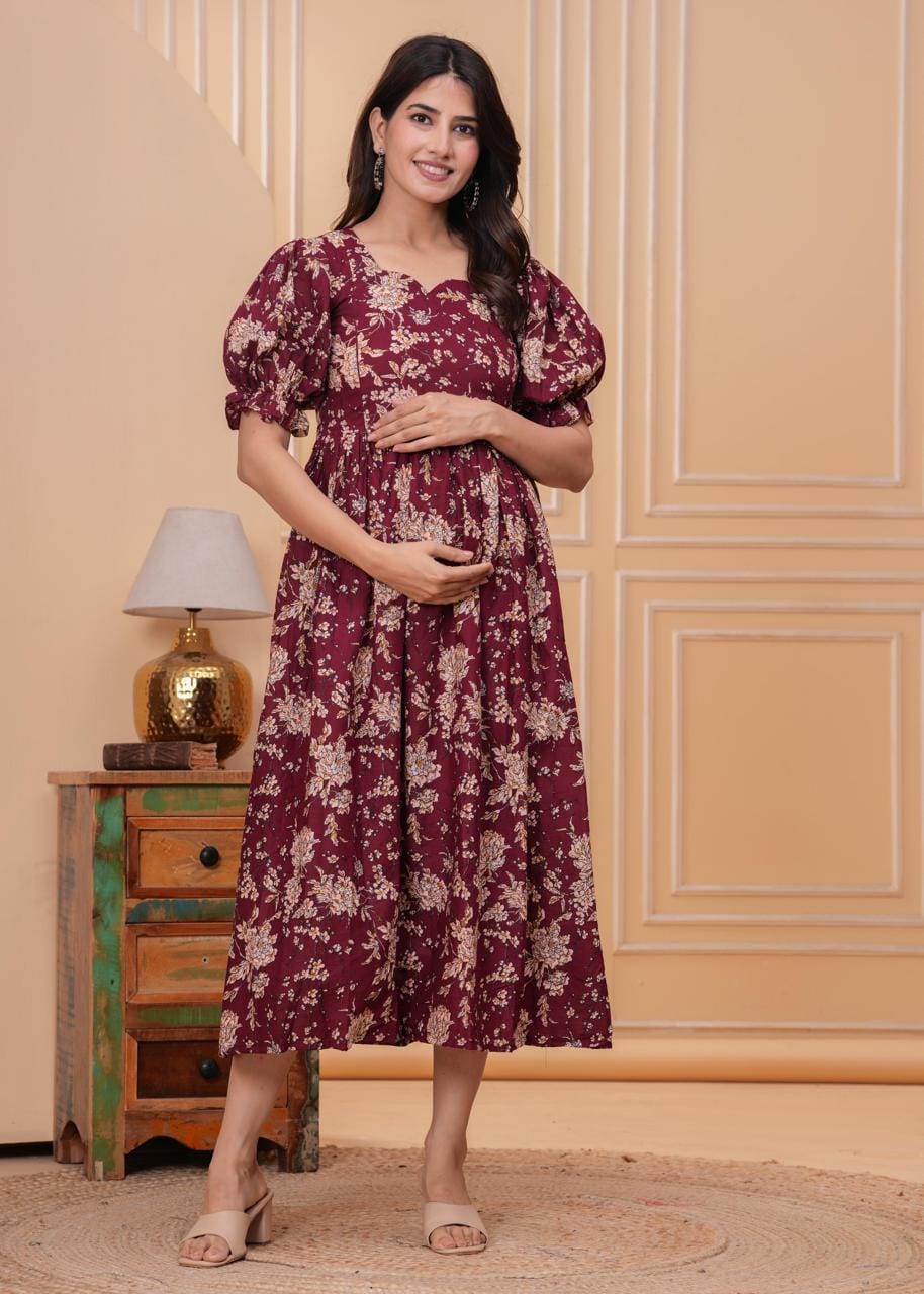Burgundy Floral Printed Maternity Midi Dress