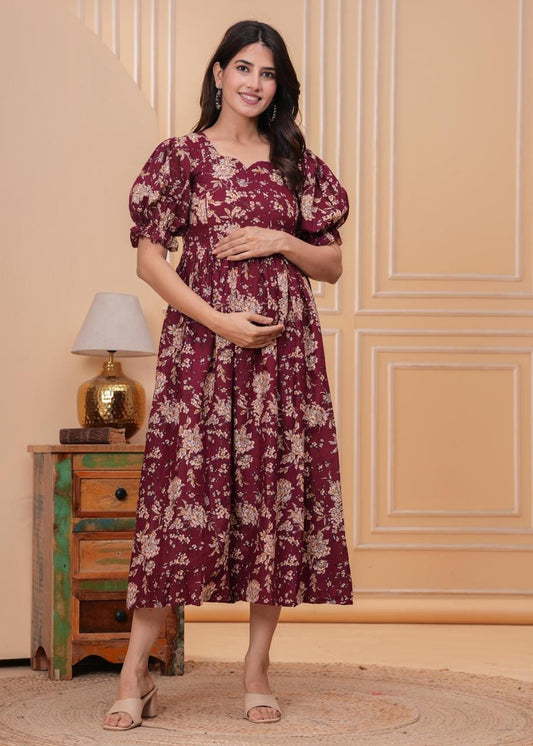 Burgundy Floral Printed Maternity Midi Dress