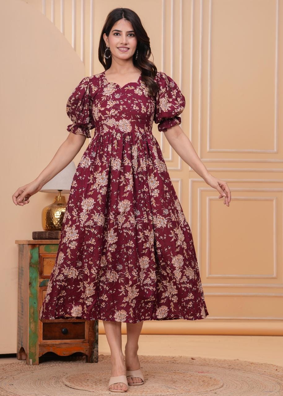 Burgundy Floral Printed Maternity Midi Dress