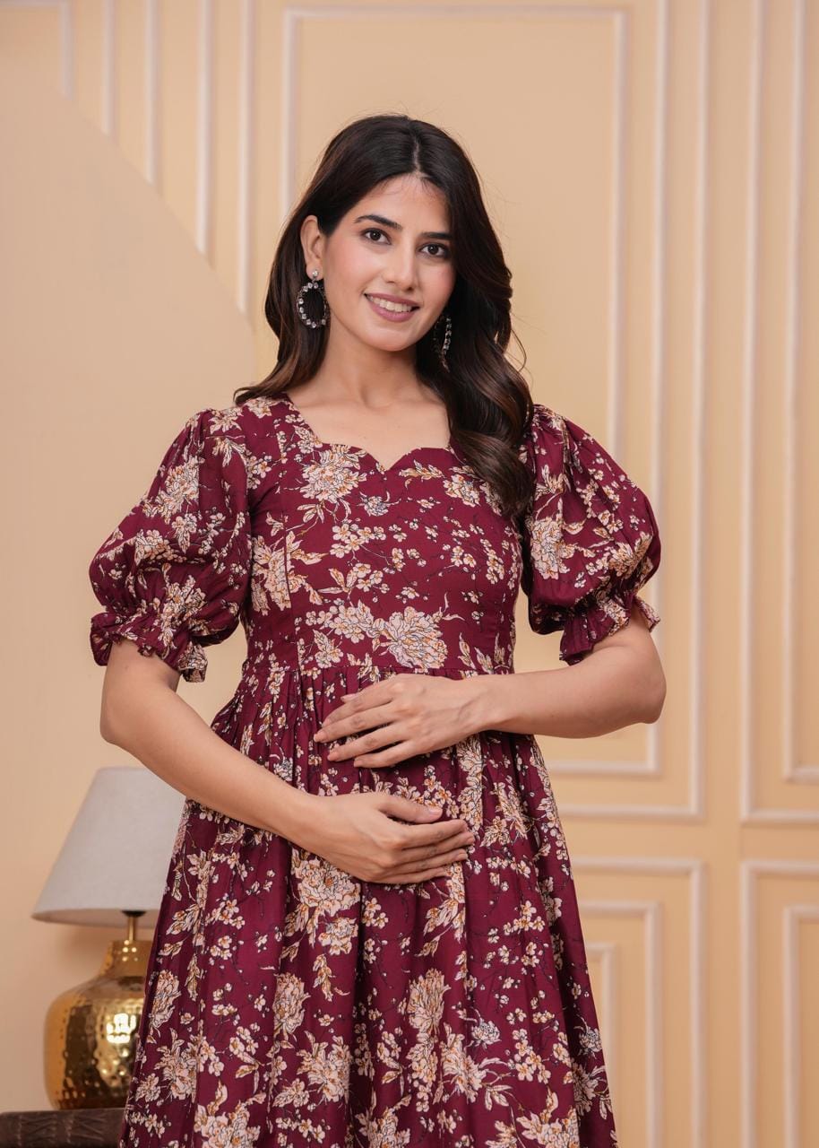 Burgundy Floral Printed Maternity Midi Dress
