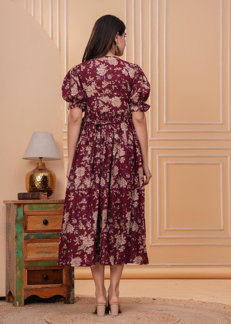 Burgundy Floral Printed Maternity Midi Dress