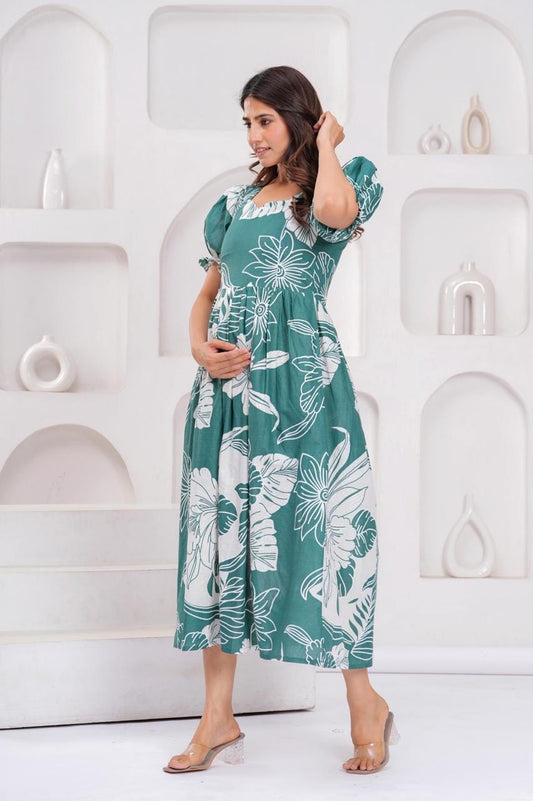 Teal Green Floral Printed Maternity Midi Dress