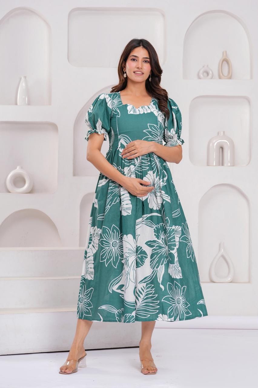 Teal Green Floral Printed Maternity Midi Dress