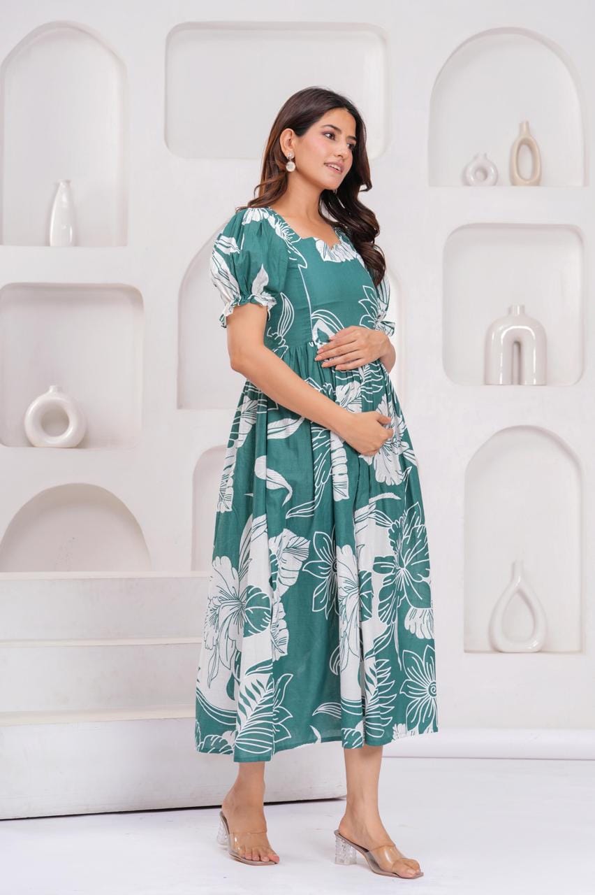 Teal Green Floral Printed Maternity Midi Dress