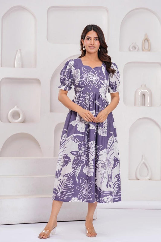 Purple Floral Printed Maternity Midi Dress