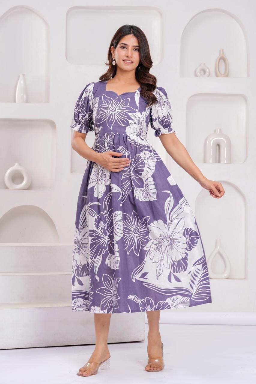 Purple Floral Printed Maternity Midi Dress