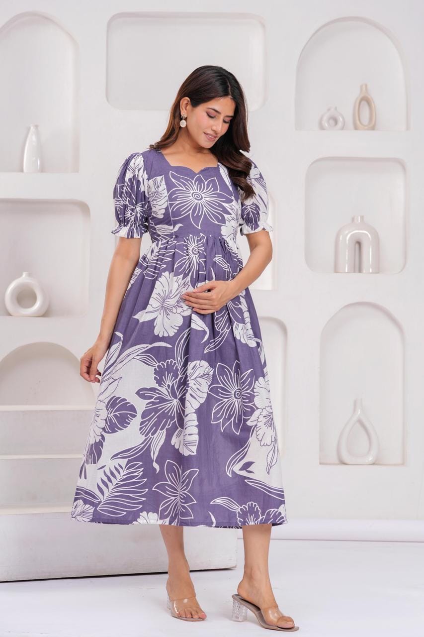 Purple Floral Printed Maternity Midi Dress