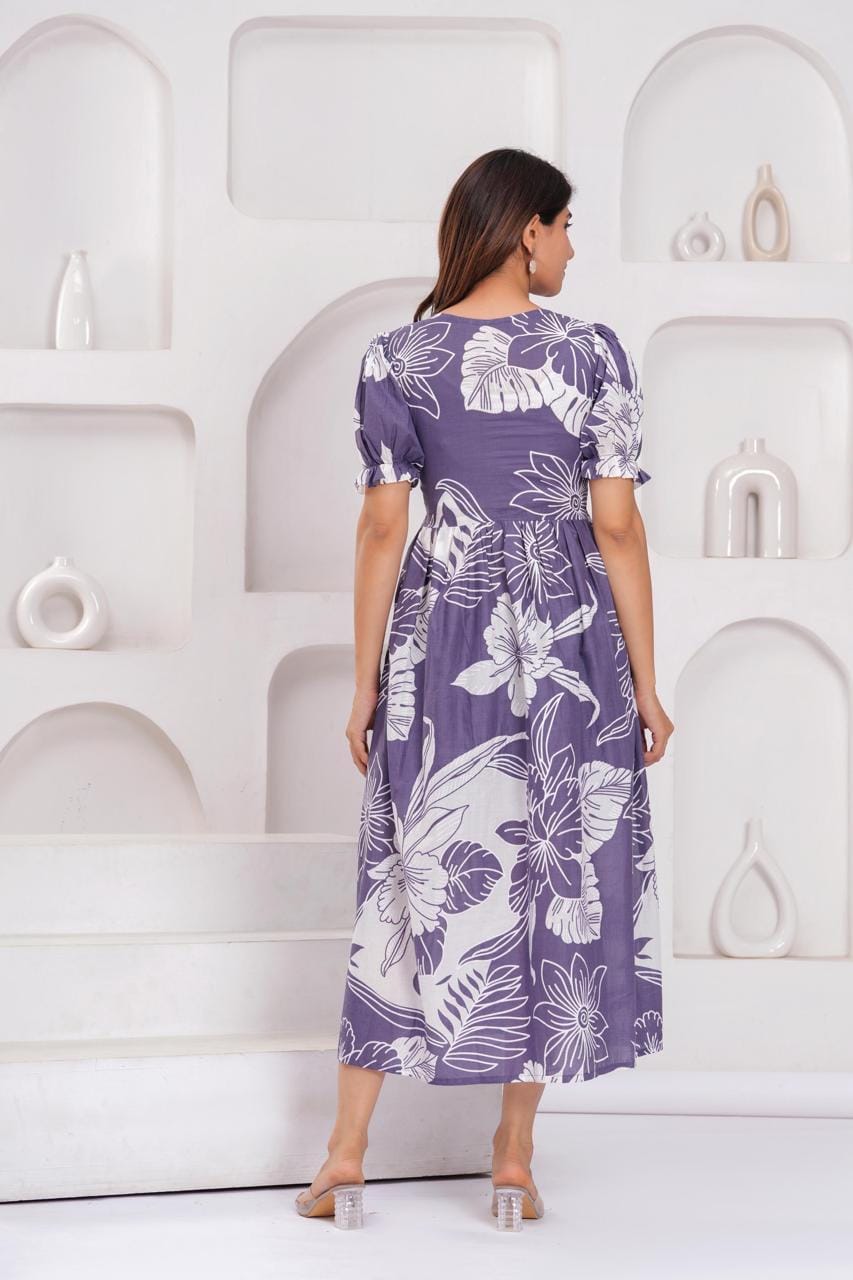 Purple Floral Printed Maternity Midi Dress