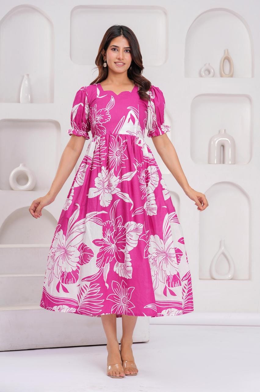 Bright Pink Floral Printed Maternity Midi Dress