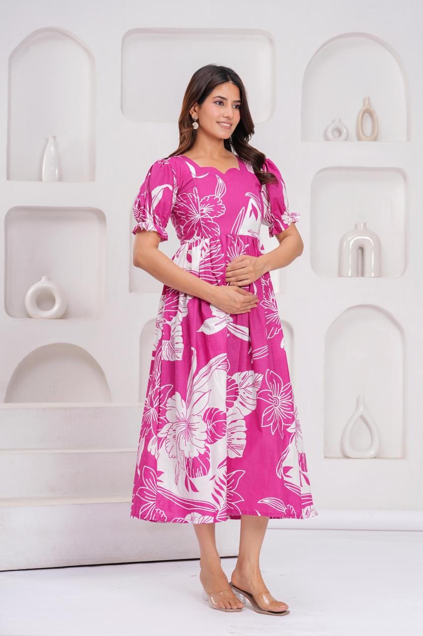 Bright Pink Floral Printed Maternity Midi Dress