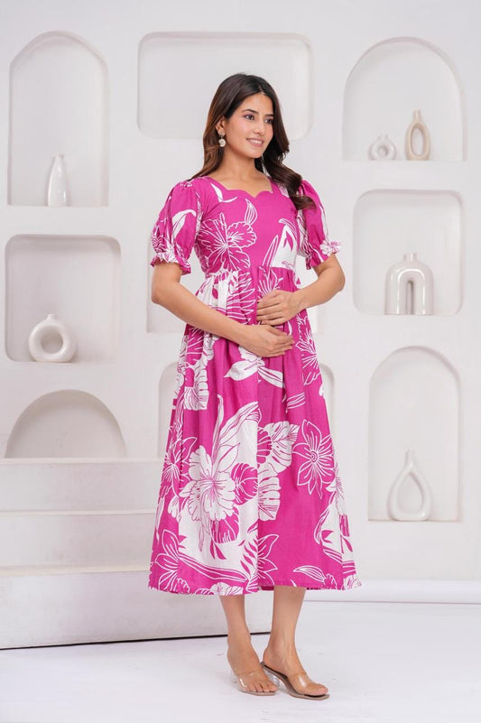 Bright Pink Floral Printed Maternity Midi Dress