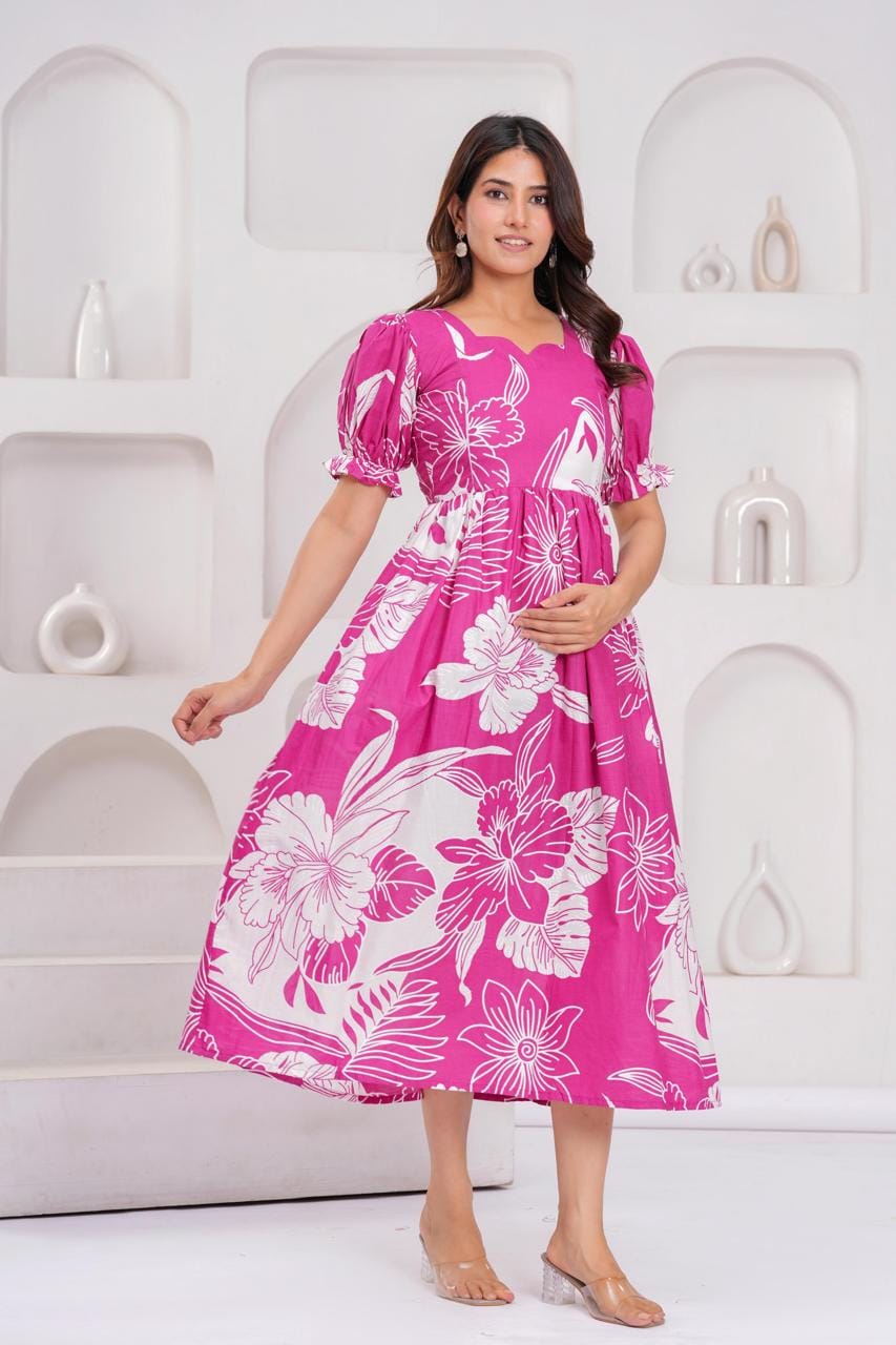 Bright Pink Floral Printed Maternity Midi Dress