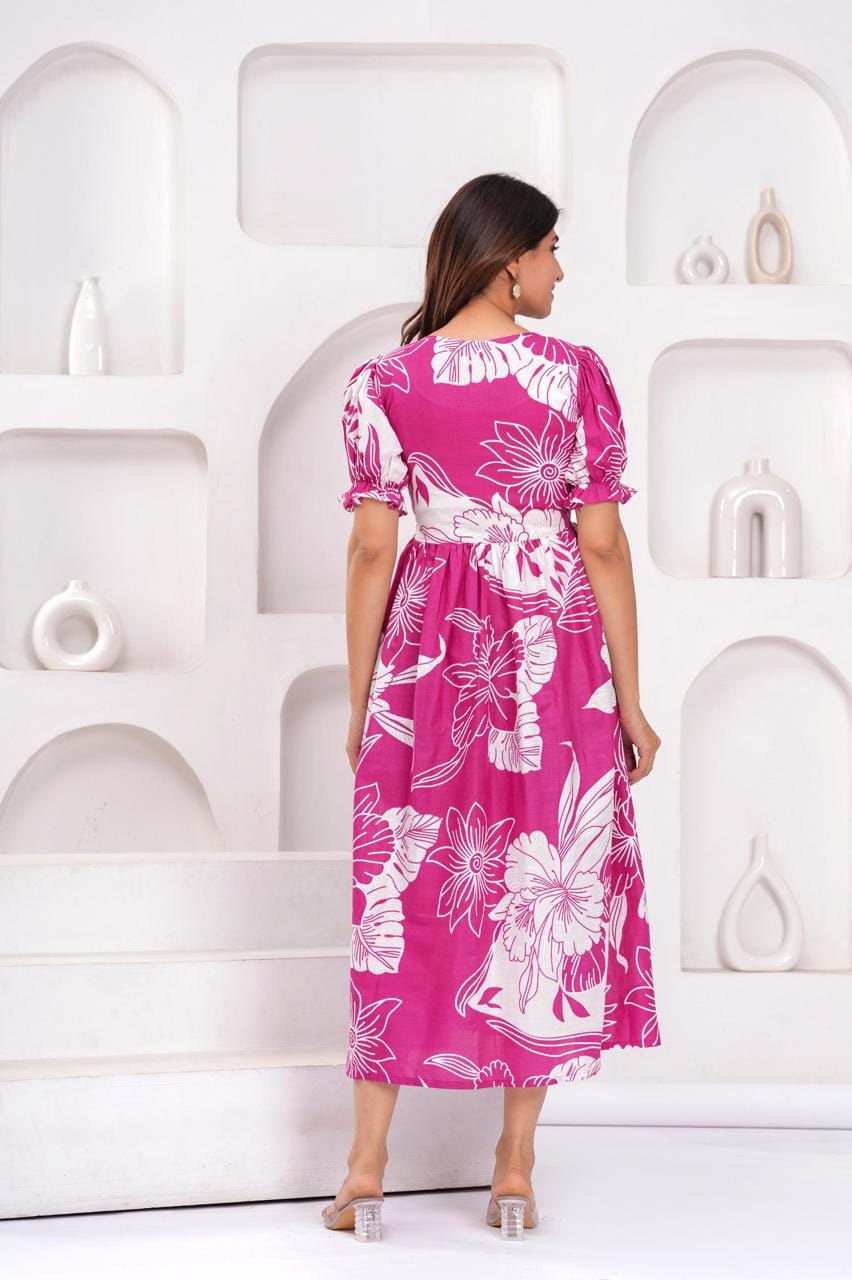 Bright Pink Floral Printed Maternity Midi Dress