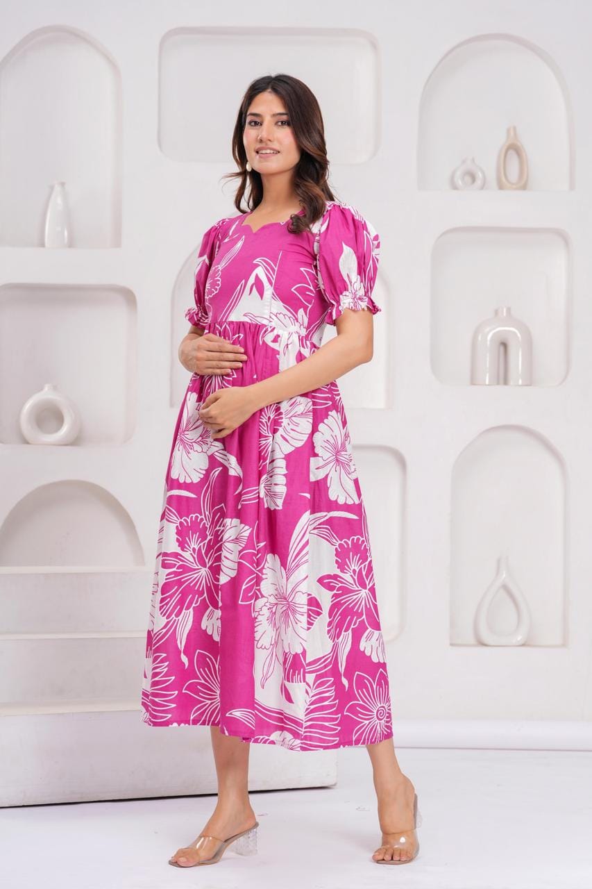 Bright Pink Floral Printed Maternity Midi Dress
