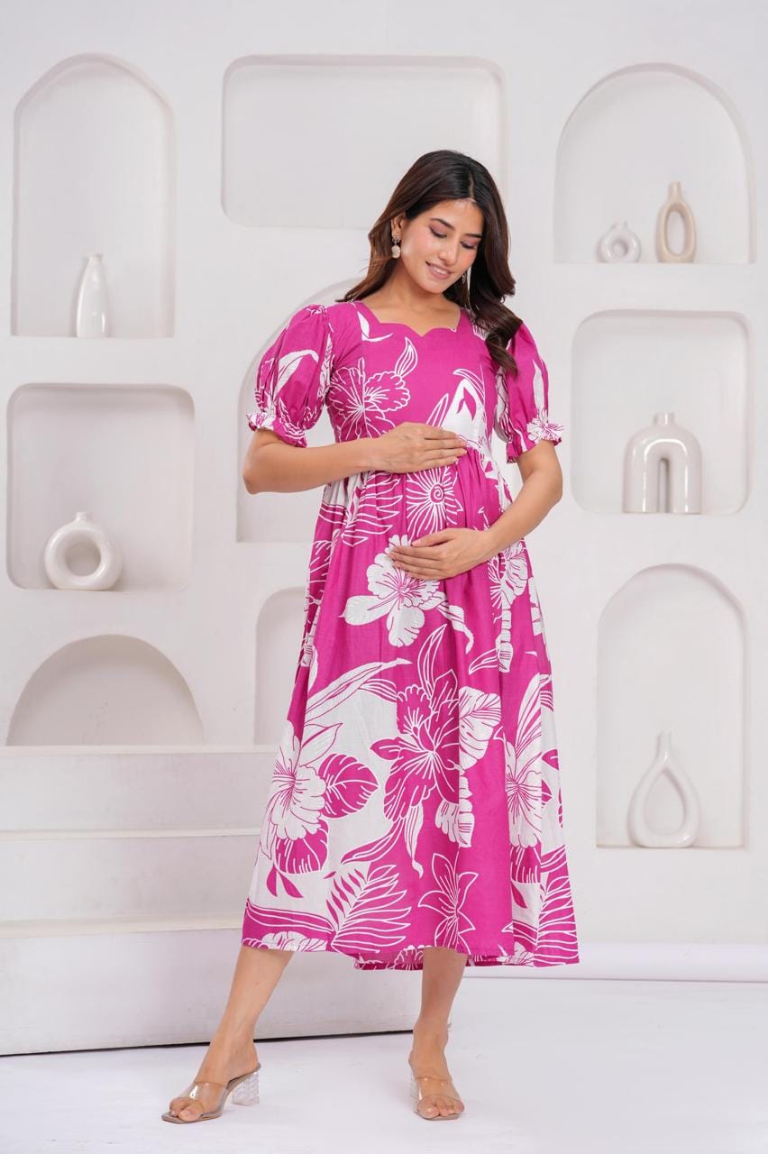 Bright Pink Floral Printed Maternity Midi Dress