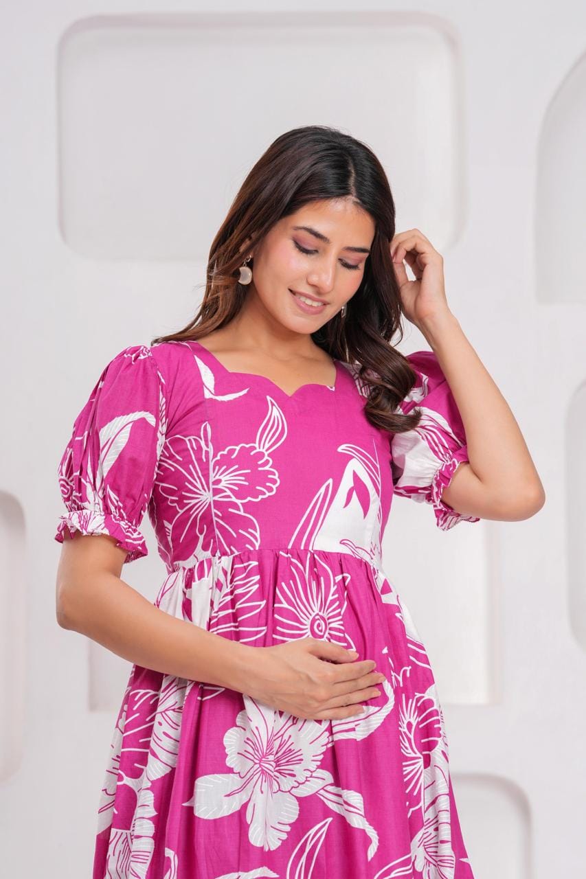 Bright Pink Floral Printed Maternity Midi Dress