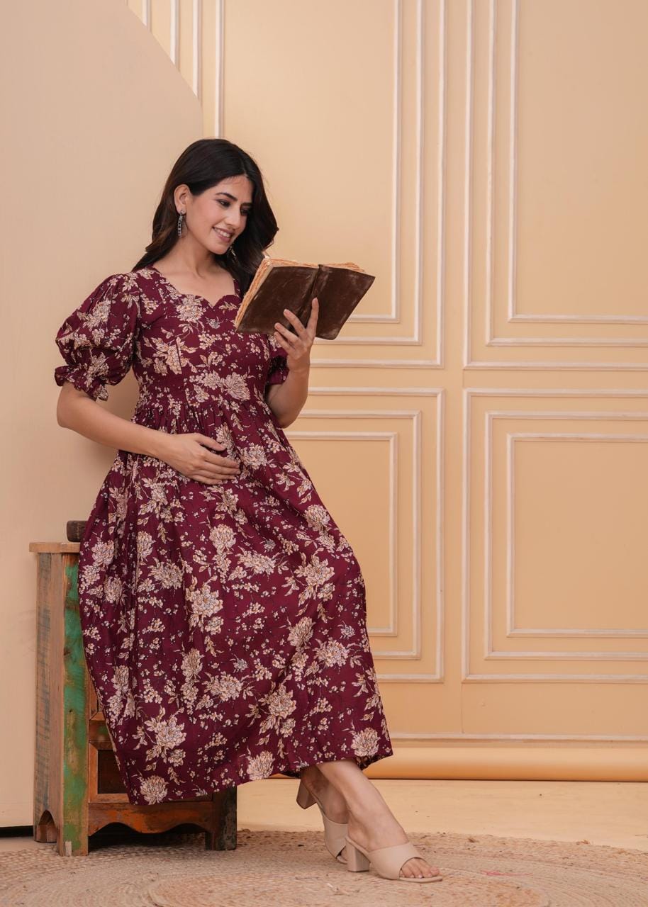 Maroon Floral Printed Maternity Midi Dress